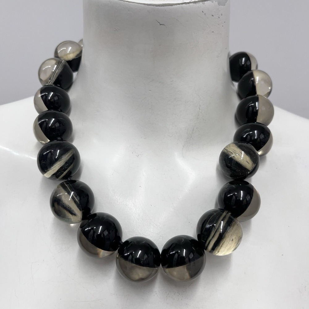 Moo Moo Designs Lucite &‎ Leather Necklace NWT $150.00 Black Clear & Beige 21"